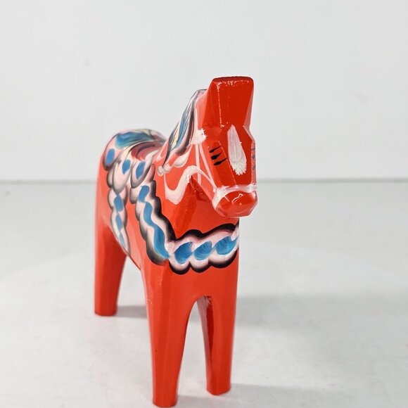 Swedish Dala Horse Figurine 5" Hand-Painted Nils Olsson Red Blue Folk Art Decor - Picture 3 of 9